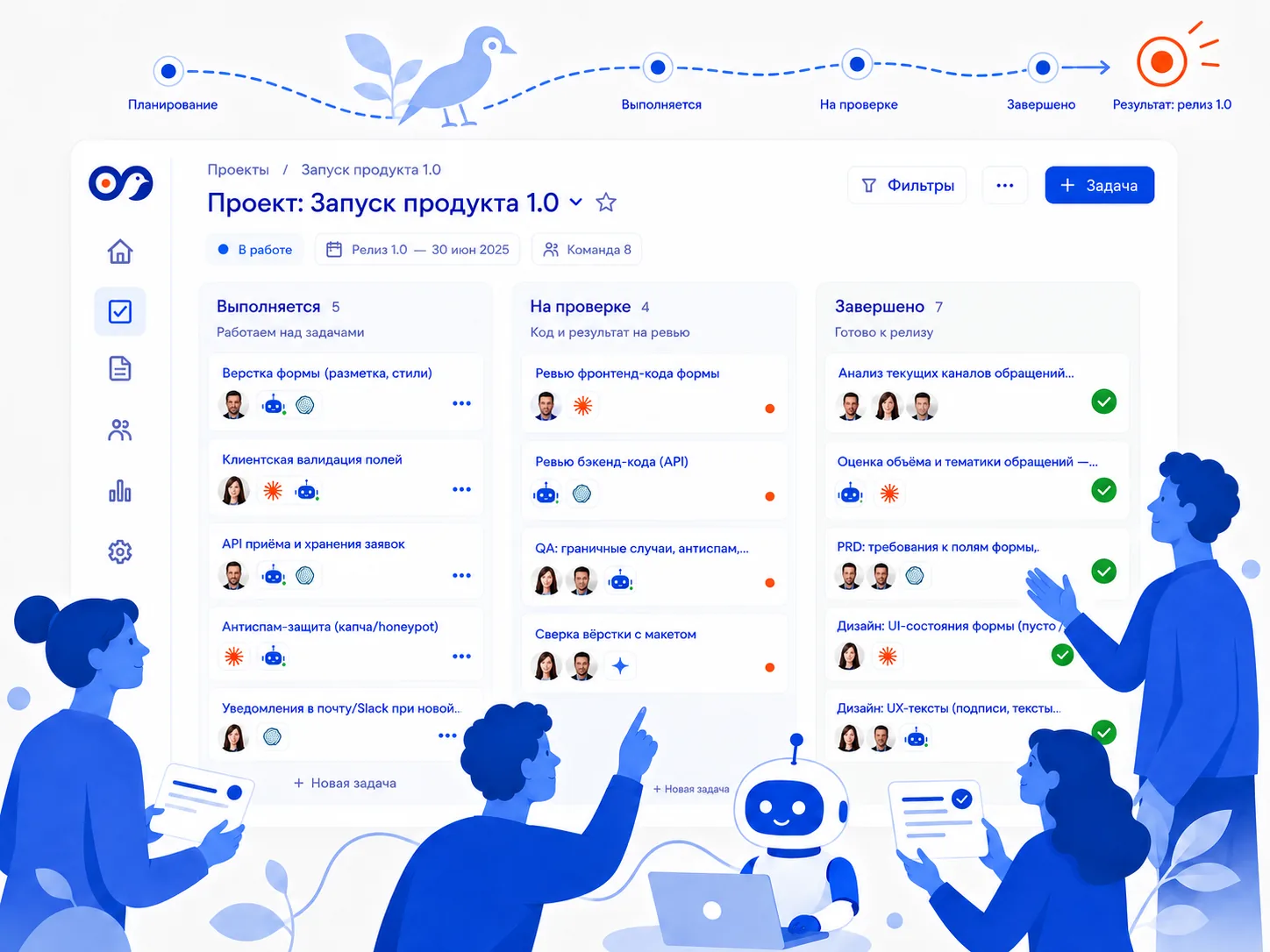 Команда и агенты ведут проект «Запуск продукта 1.0» на доске kootok: задачи выполняются, проходят проверку и завершаются — маршрут приводит к оранжевой точке «Результат: релиз 1.0»